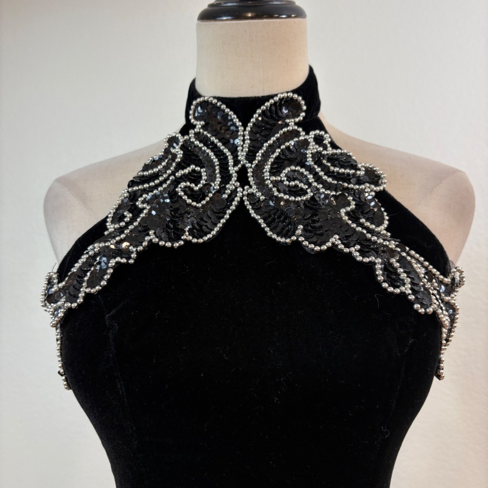 Zum Zum Velvet Maxi Dress Women 3-4 Black Beaded Halter Vintage Gown Whimsigoth - Picture 4 of 9